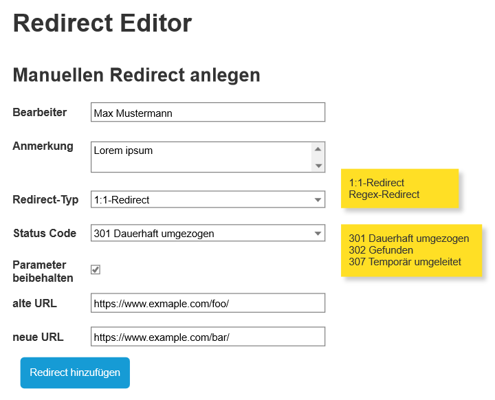 Manuellen Redirect im Redirect Editor anlegen